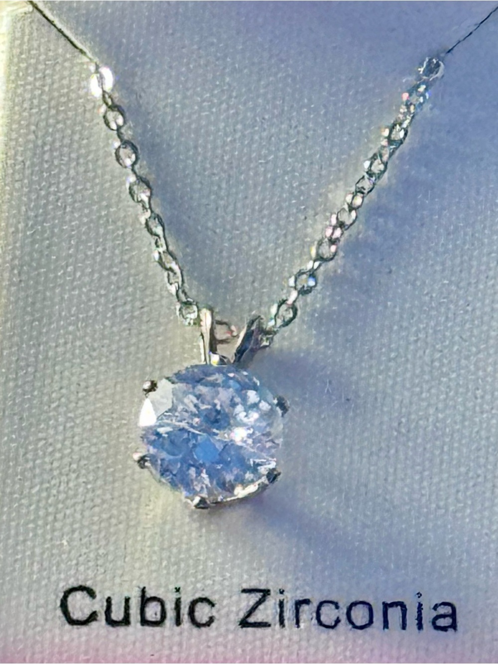 Cubic Zirconia Solitaire Pendant Necklace - Silver Toned Chain, New in Box